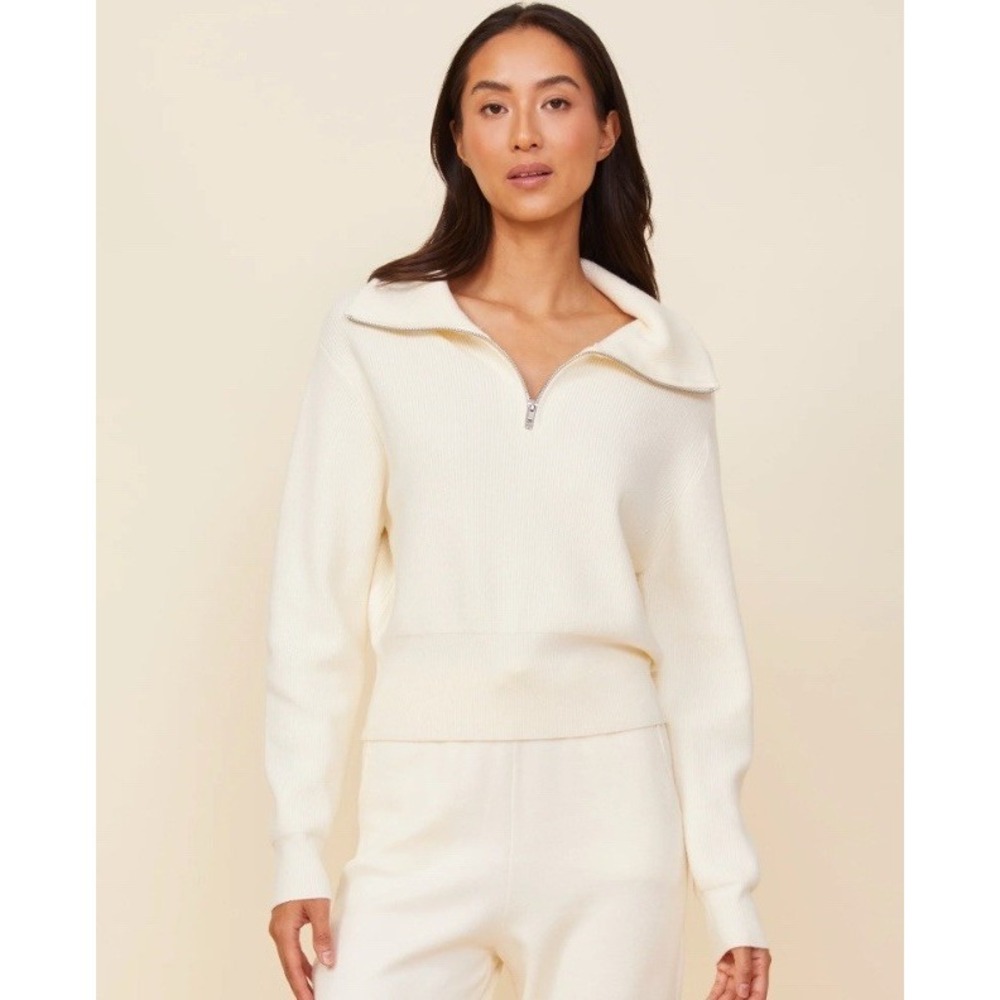 Monrow Soft Knit Rib Half Zip Collar Sweater Sz Small $174 - Picture 1 of 6